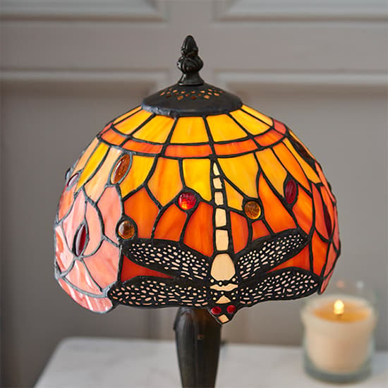 Dragonfly Flame Mini Tiffany Glass Table Lamp In Dark Bronze_3