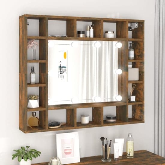 Dublin Wooden Dressing Mirrored Cabinet In Smoked Oak With LED_2