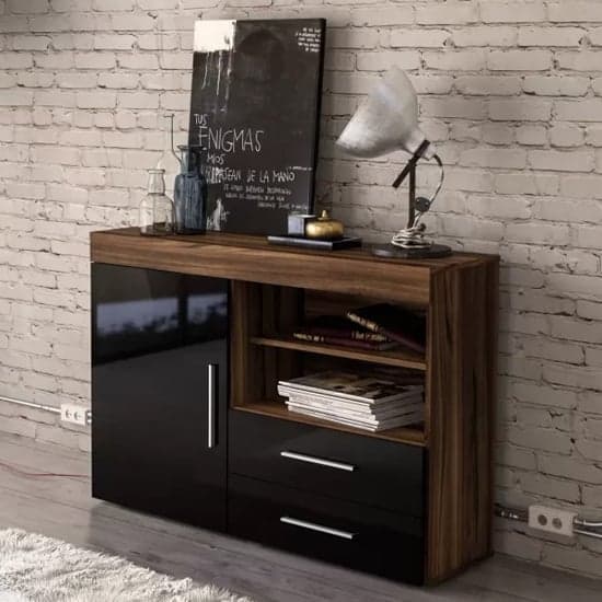 Edged Wooden Sideboard In Walnut And Black High Gloss_1