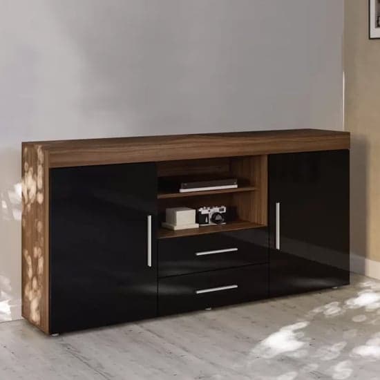 Edged Wooden TV Sideboard In Walnut And Black High Gloss_2
