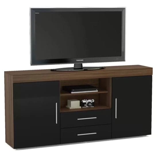 Edged Wooden TV Sideboard In Walnut And Black High Gloss_3