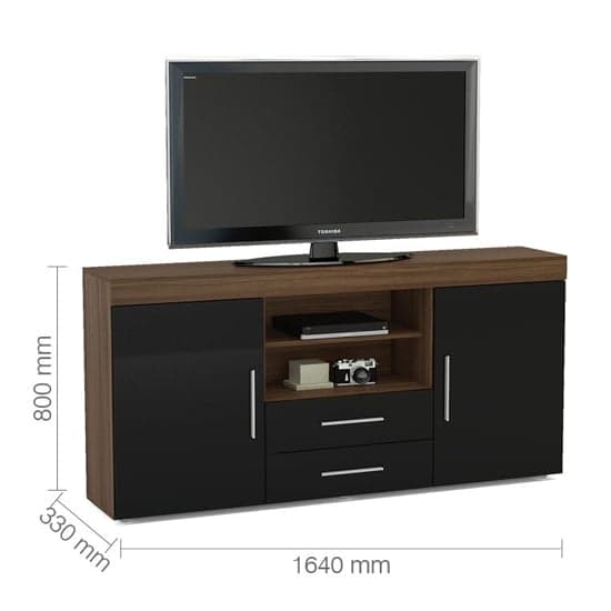 Edged Wooden TV Sideboard In Walnut And Black High Gloss_4
