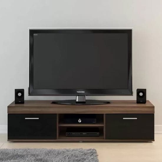 Edged Wooden TV Stand Large In Walnut And Black High Gloss_1