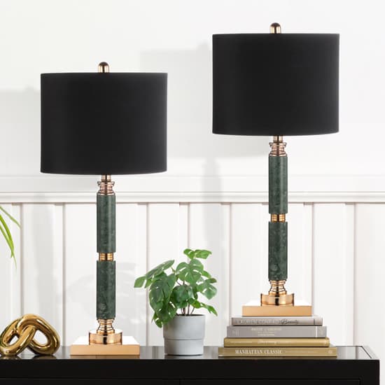Eilat Black Linen Shade Table Lamp With Green Marble Base_6