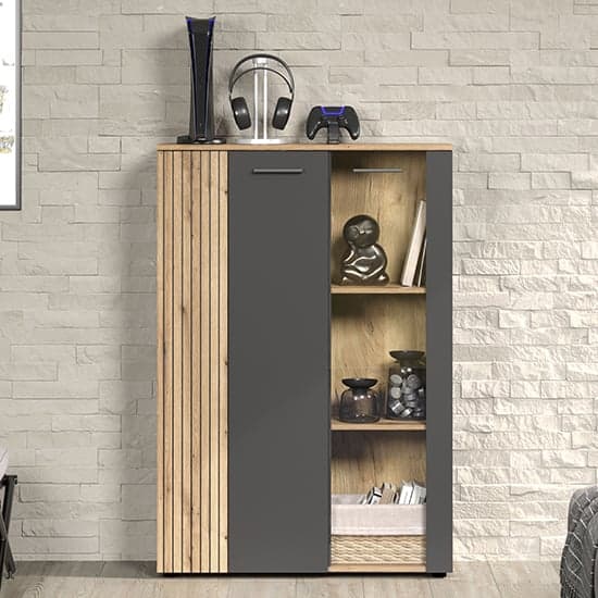 Eilat Wooden Highboard In Anthracite And Evoke Oak With LED_2
