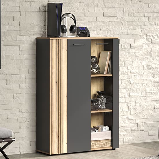 Eilat Wooden Highboard In Anthracite And Evoke Oak With LED_1