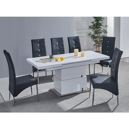 Elgin Convertible White Gloss Dining Table 6 Vesta Black Chairs_1