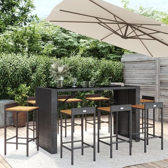 Elita Solid Wood 9 Piece Garden Bar Set In Black Poly Rattan_1