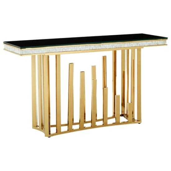 Elizak Black Glass Top Console Table With Gold Metal Frame_1