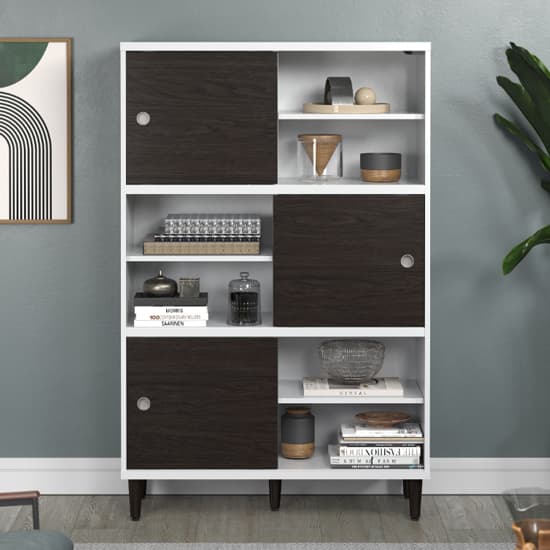 Elko Wooden Highboard With 3 Dark Brown Doors In Matt White Furniture