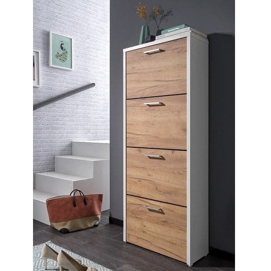 Ellwood Shoe Cabinet In White And Golden Oak With 4 Flap Doors