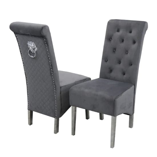 Elmira Lion Knocker Dark Grey Velvet Dining Chairs In Pair_1
