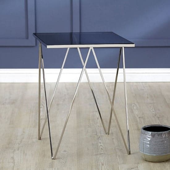 Shalom Square Black Glass Top Side Table With Silver Legs_1