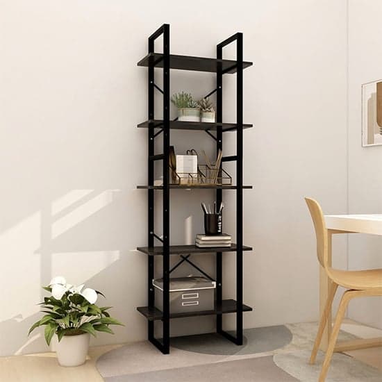 Emlen Medium Solid Pinewood 5 Tier Bookcase In Black_1