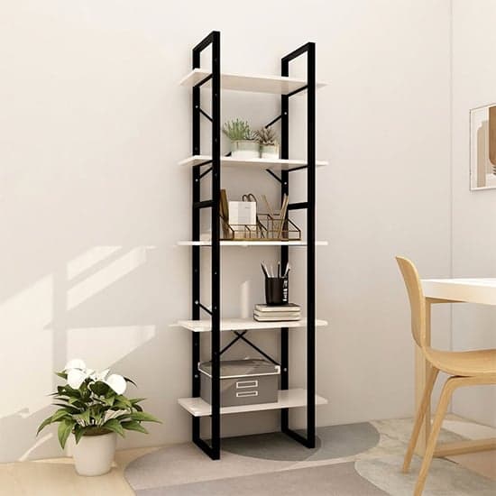 Emlen Medium Solid Pinewood 5 Tier Bookcase In White_1
