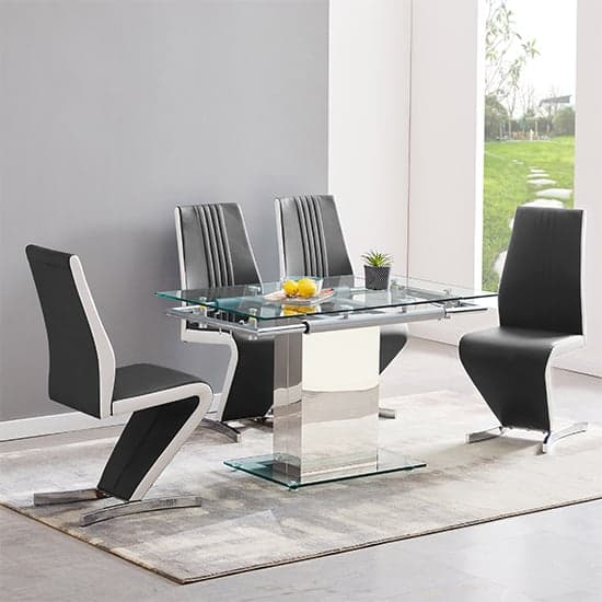 Enke Extending Glass Dining Table With 4 Gia Black White Chairs_1