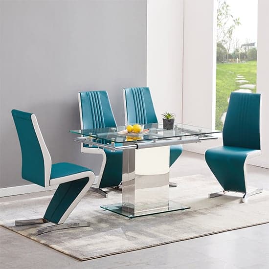 Enke Extending Glass Dining Table With 4 Gia Teal White Chairs_1