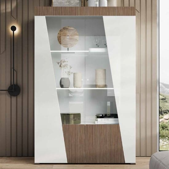 Enna High Gloss Display Cabinet In White With 2 Doors And LED_1