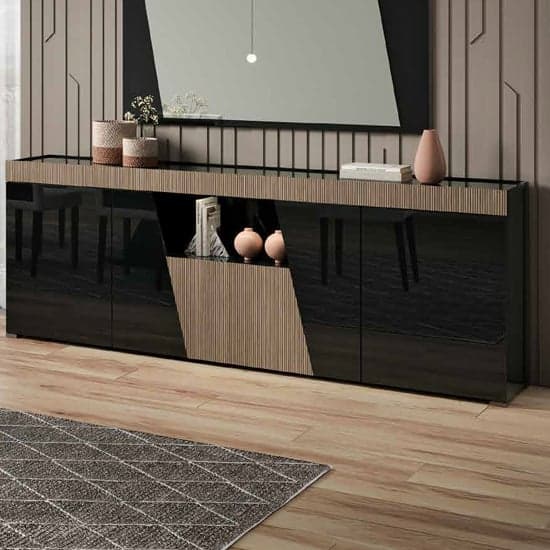 Enna High Gloss Sideboard In Black With 4 Doors And LED_1