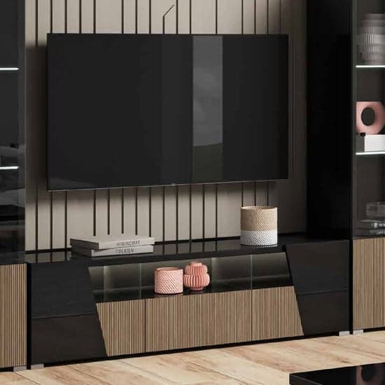 Enna High Gloss TV Stand In Black With 3 Doors And LED_1
