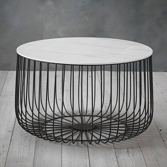 Enzi Large Marble Effect Coffee Table With Black Cage Frame In White_1