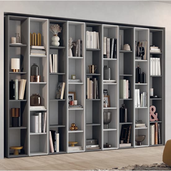Erfurt Wooden Bookcase With Shelves In Gesso And Slate Effect_1