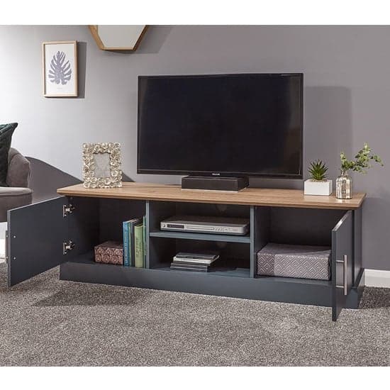 Kirkby Large Wooden TV Stand In Slate Blue With 2 Doors_2
