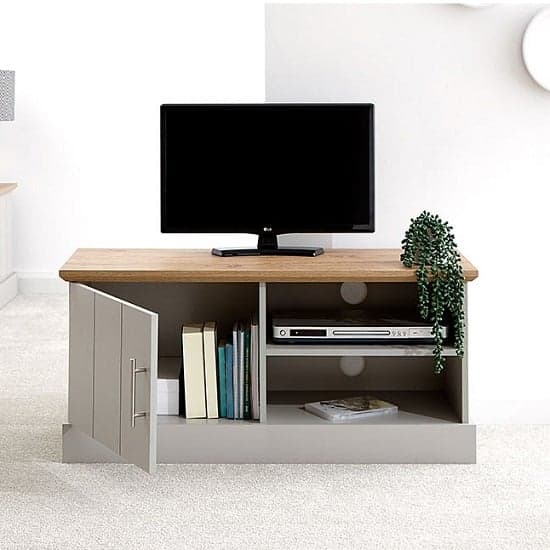 Kirkby Wooden Small TV Stand In Grey With Oak Effect Top_2