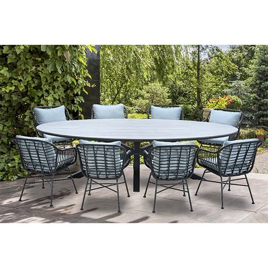 Ezra Grey Teak Dining Table Large Oval With 8 Mint Grey Chairs_2