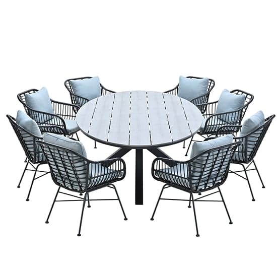 Ezra Grey Teak Dining Table Large Oval With 8 Mint Grey Chairs_3