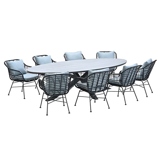 Ezra Grey Teak Dining Table Large Oval With 8 Mint Grey Chairs_4