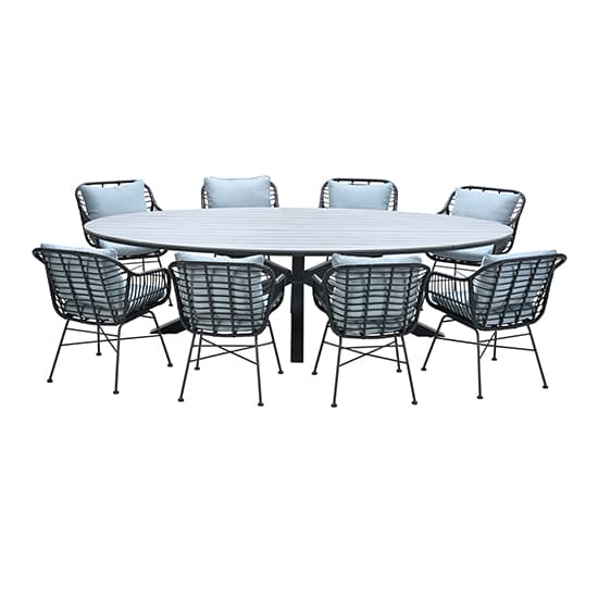 Ezra Grey Teak Dining Table Large Oval With 8 Mint Grey Chairs_5