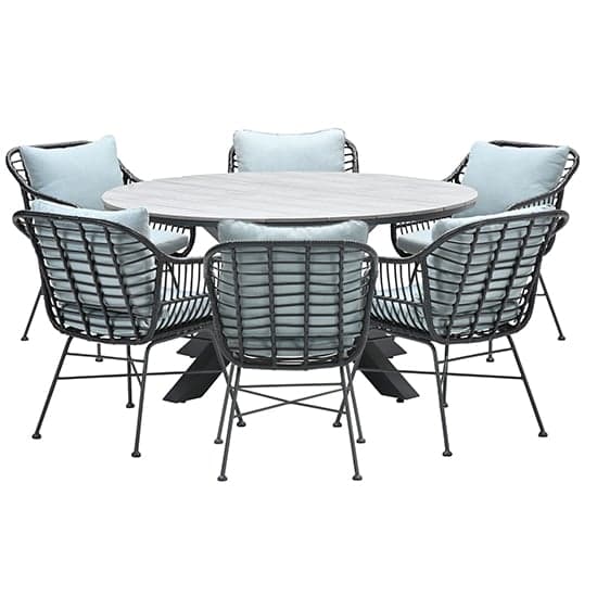 Ezra Grey Teak Dining Table Large Round With 6 Mint Grey Chairs_2