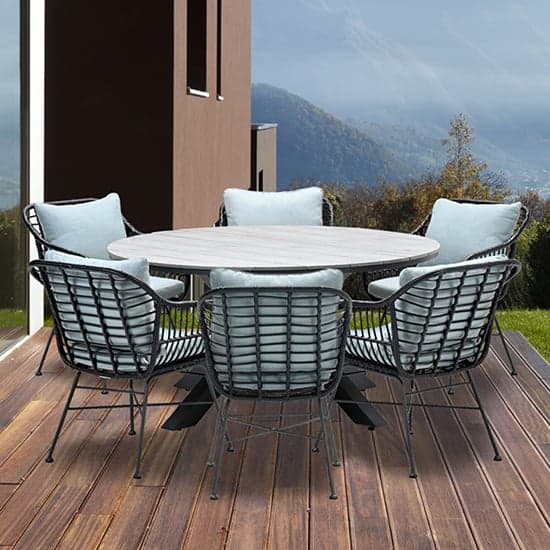 Ezra Grey Teak Dining Table Large Round With 6 Mint Grey Chairs_1