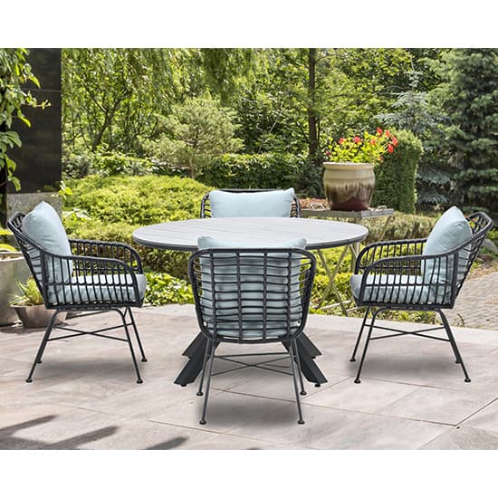 Ezra Grey Teak Dining Table Small Round With 4 Mint Grey Chairs_2