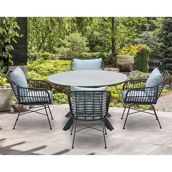 Ezra Grey Teak Dining Table Small Round With 4 Mint Grey Chairs_3