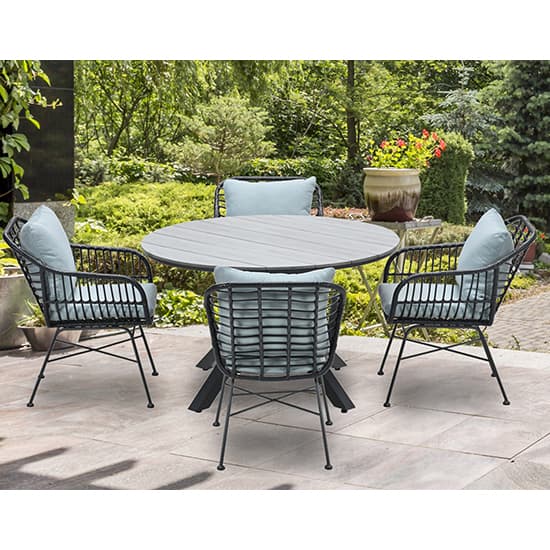 Ezra Grey Teak Dining Table Small Round With 4 Mint Grey Chairs_4
