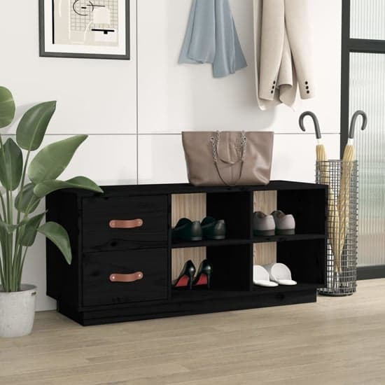 Ferrol Pinewood Shoe Storage Bench With 2 Drawers In Black_2