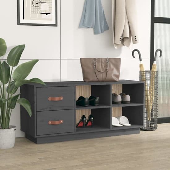 Ferrol Pinewood Shoe Storage Bench With 2 Drawers In Grey_2