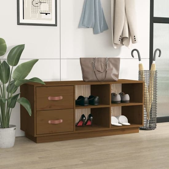 Ferrol Pinewood Shoe Storage Bench With 2 Drawers In Honey Brown_2