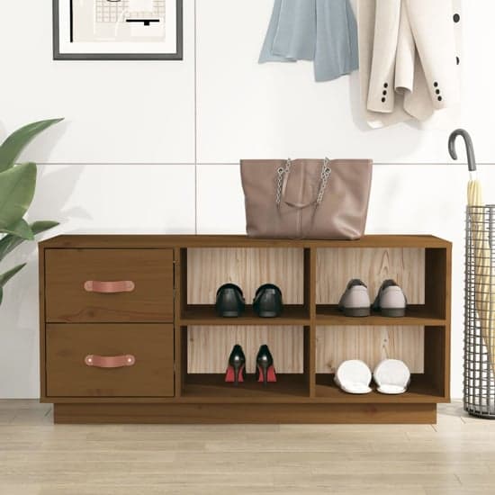 Ferrol Pinewood Shoe Storage Bench With 2 Drawers In Honey Brown_1