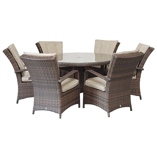 Fetsa Round 135cm Dining Table With 6 Armchairs In Brown Weave_2