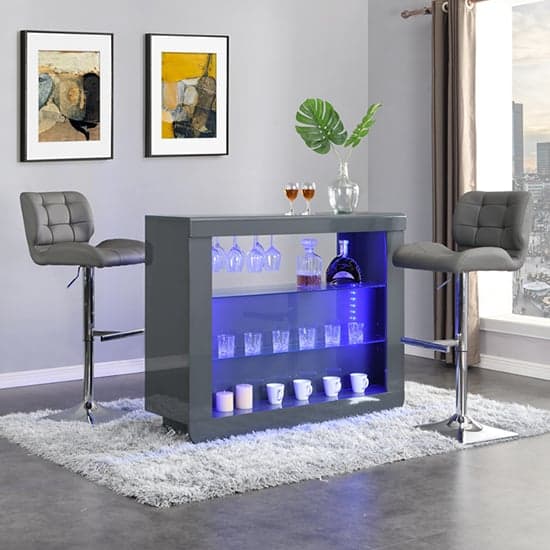 Fiesta Grey High Gloss Bar Table With 2 Candid Grey Stools Furniture