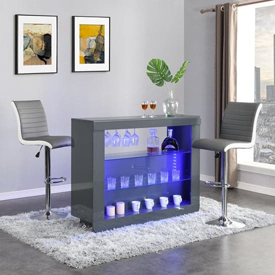 Fiesta Grey High Gloss Bar Table With 2 Ritz Grey White Stools