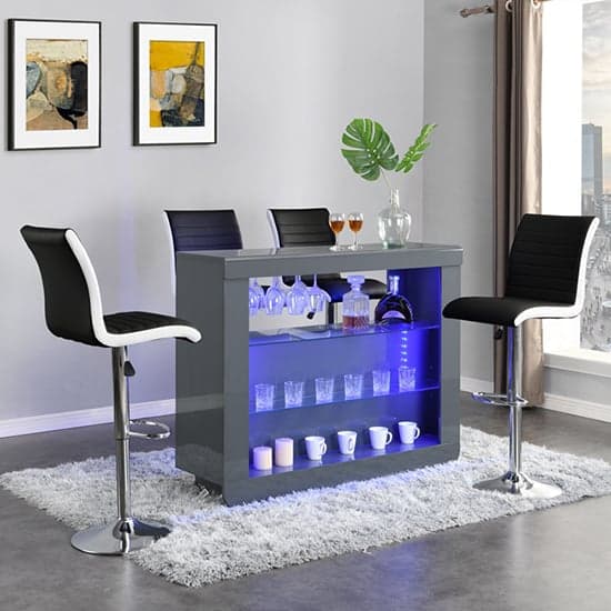 Fiesta Grey High Gloss Bar Table With 4 Ritz Black White Stools_1