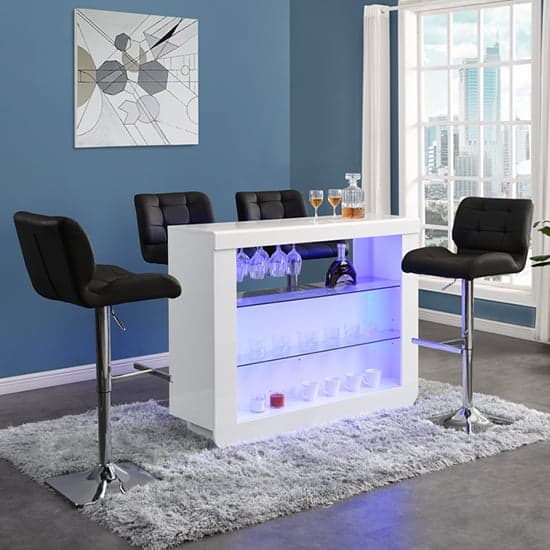 Fiesta White High Gloss Bar Table With 4 Candid Black Stools_1