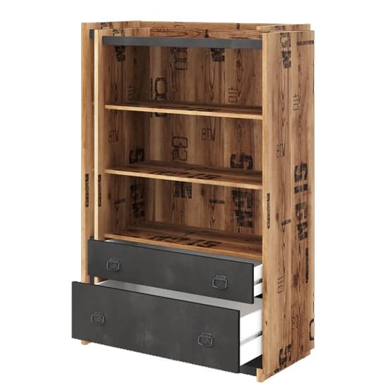 Flint Wooden Bookcase With 2 Shelves In Raw Steel Concrete Effect_2