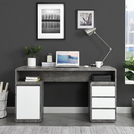 Florentine Gloss Computer Desk In White And Concrete Effect_2