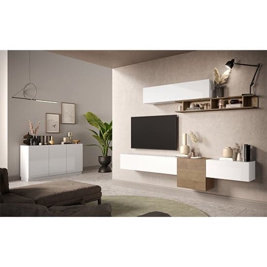 Flores High Gloss Sideboard With 3 Doors In White And Dark Oak_2