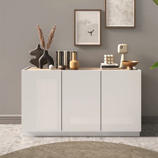 Flores High Gloss Sideboard With 3 Doors In White And Light Oak_1